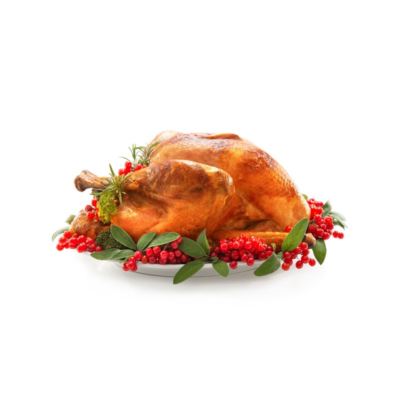 Life Extension, cooked chicken adorned with cranberries on vineontop of white dish, sideways on white background